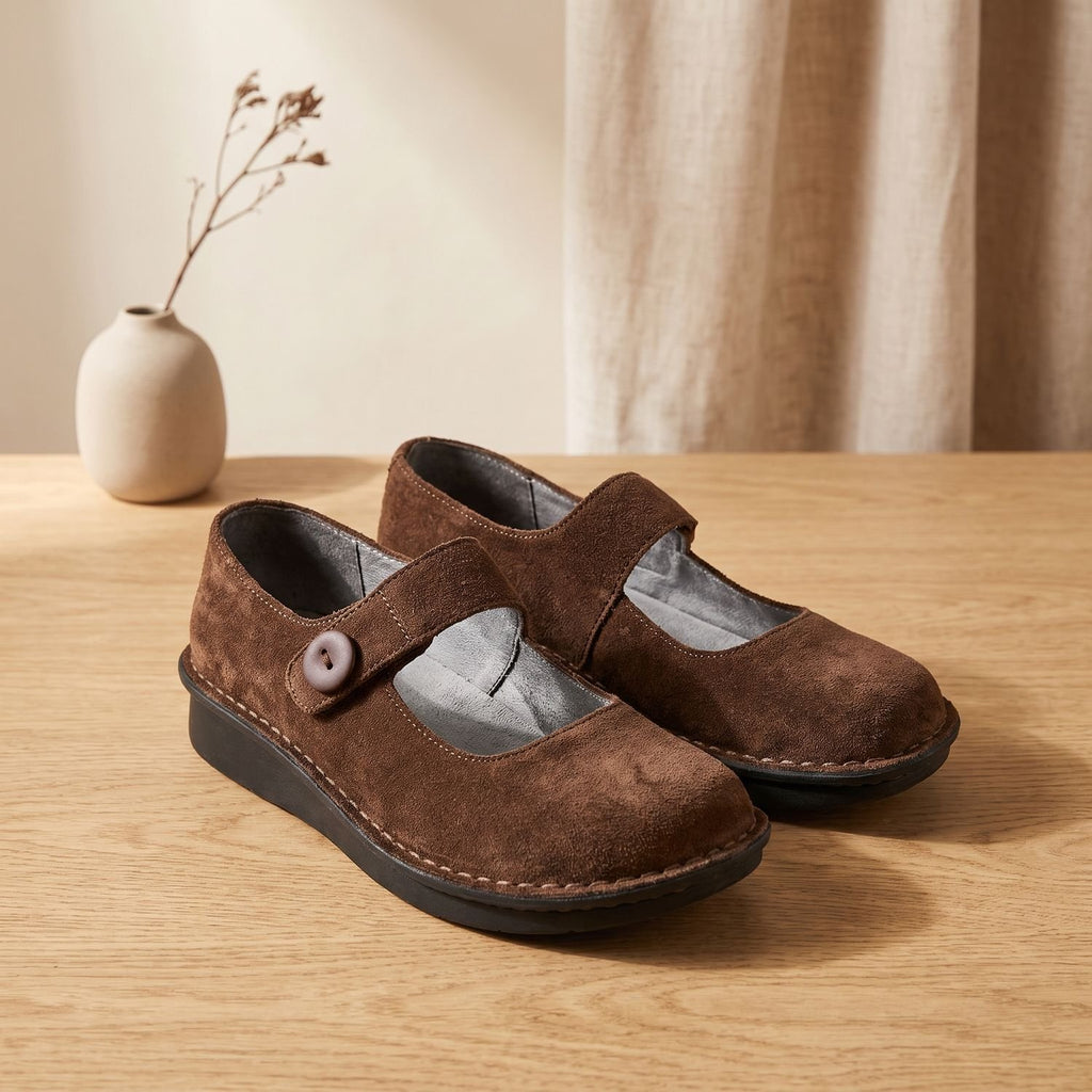 Women's Suede Mary Jane Flats Cushioned Buckle Strap Comfort Shoes - Brown