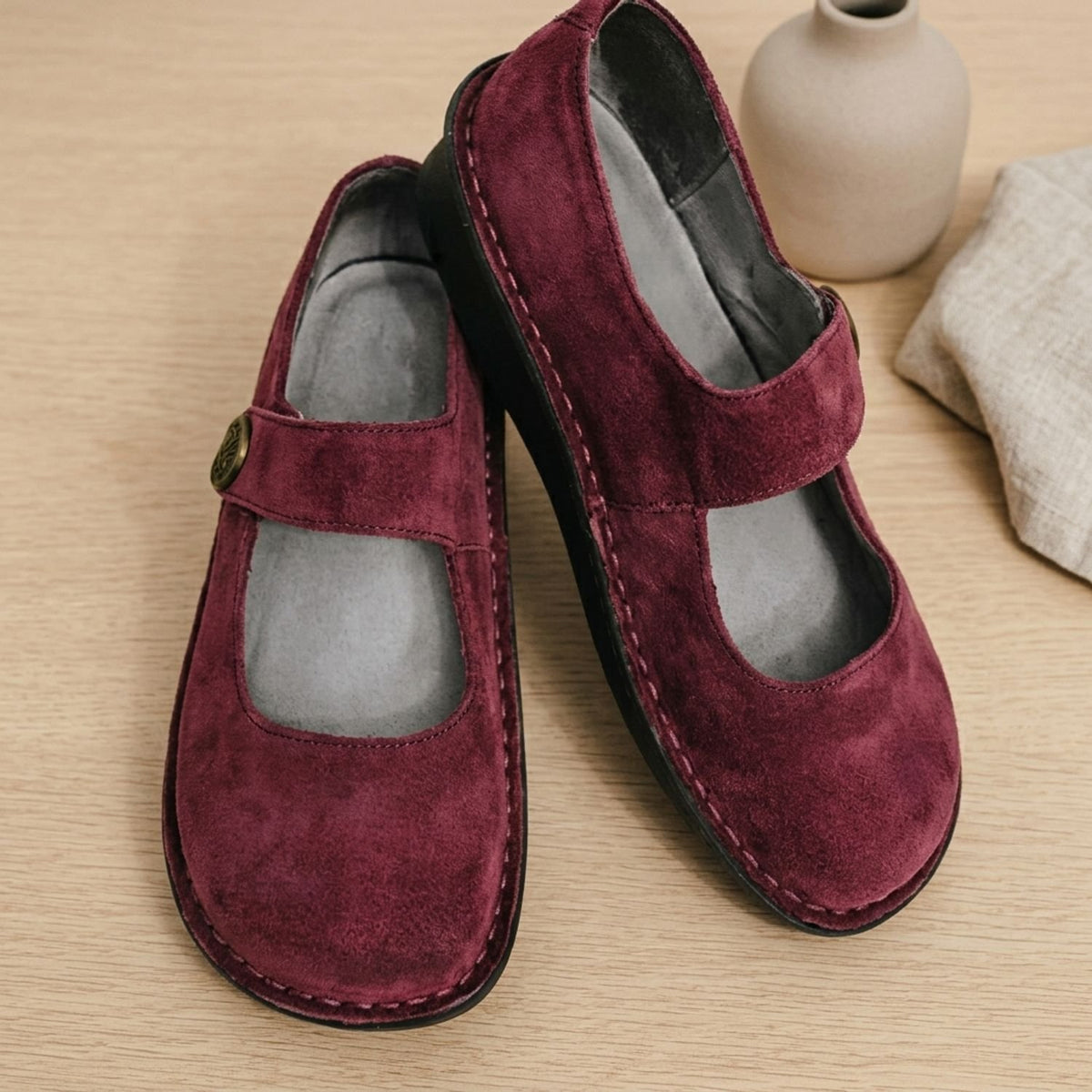 Women's Suede Mary Jane Flats Cushioned Buckle Strap Comfort Shoes - Red