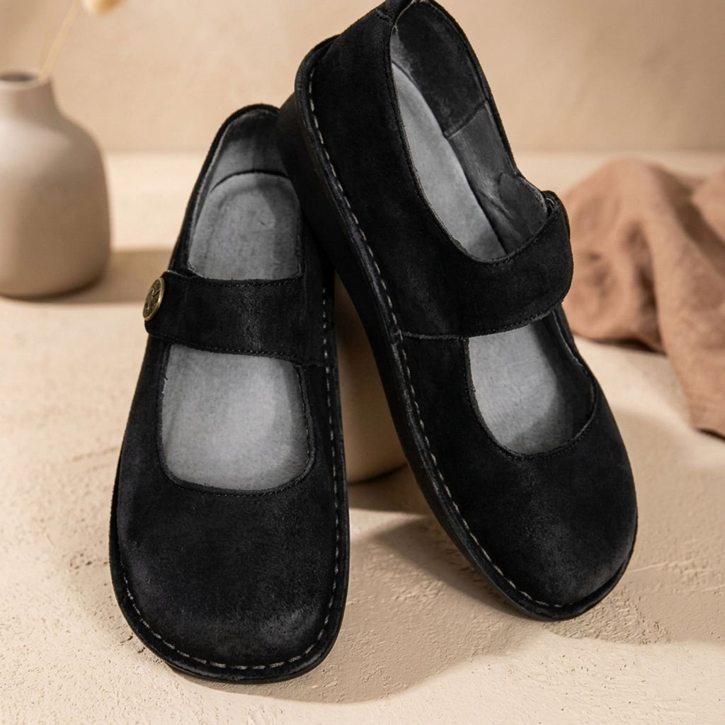 Women's Suede Mary Jane Flats Cushioned Buckle Strap Comfort Shoes - Black