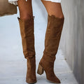 Women's Suede Over-the-Knee Block Heel High Boots - Brown