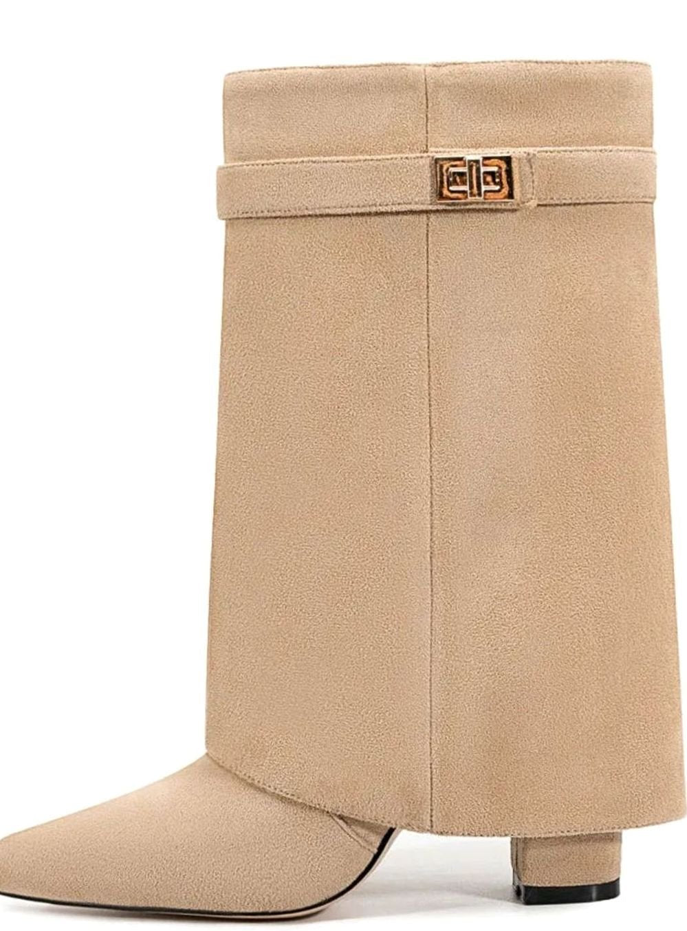 Women's Suede Over-the-Knee Foldover Buckle Boots - Apricot Short