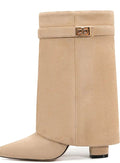 Women's Suede Over-the-Knee Foldover Buckle Boots - Apricot Short