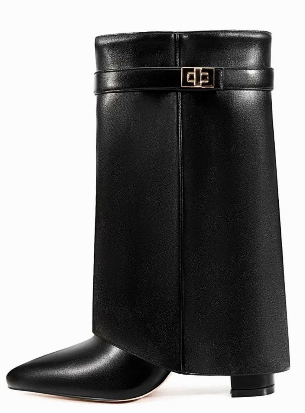 Women's Suede Over-the-Knee Foldover Buckle Boots - Black Faux Leather Short