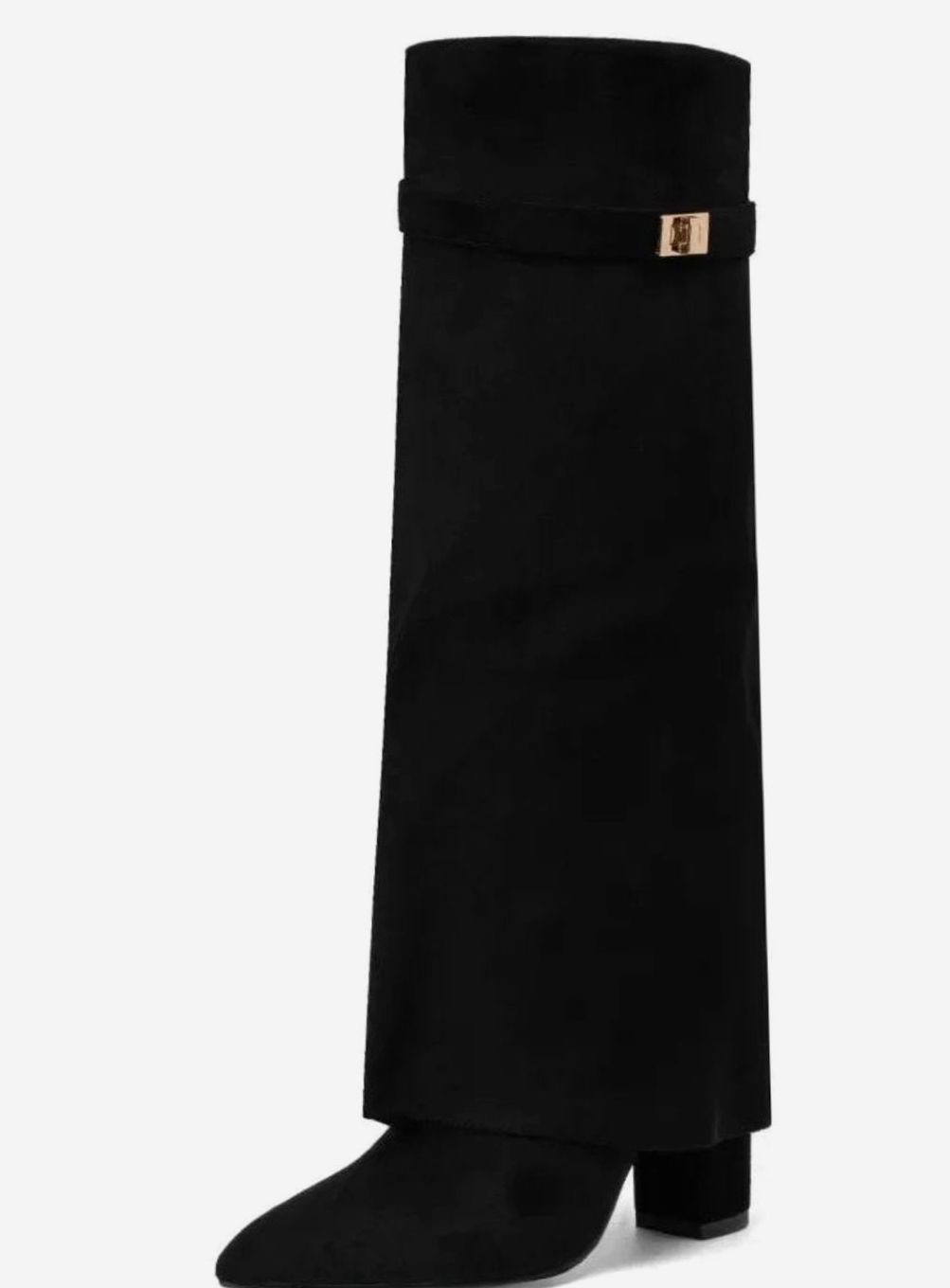 Women's Suede Over-the-Knee Foldover Buckle Boots - Black Suede