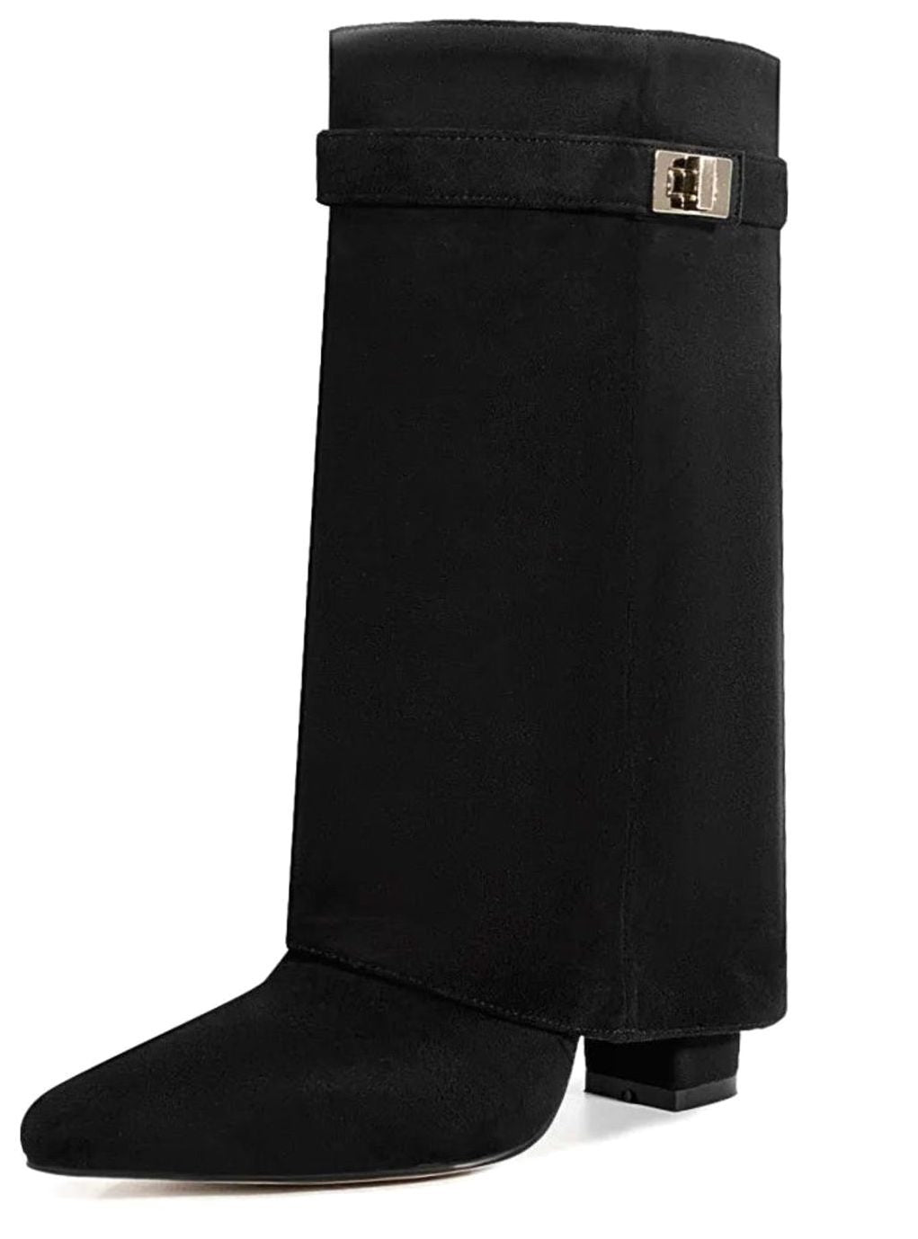 Women's Suede Over-the-Knee Foldover Buckle Boots - Black Suede Short