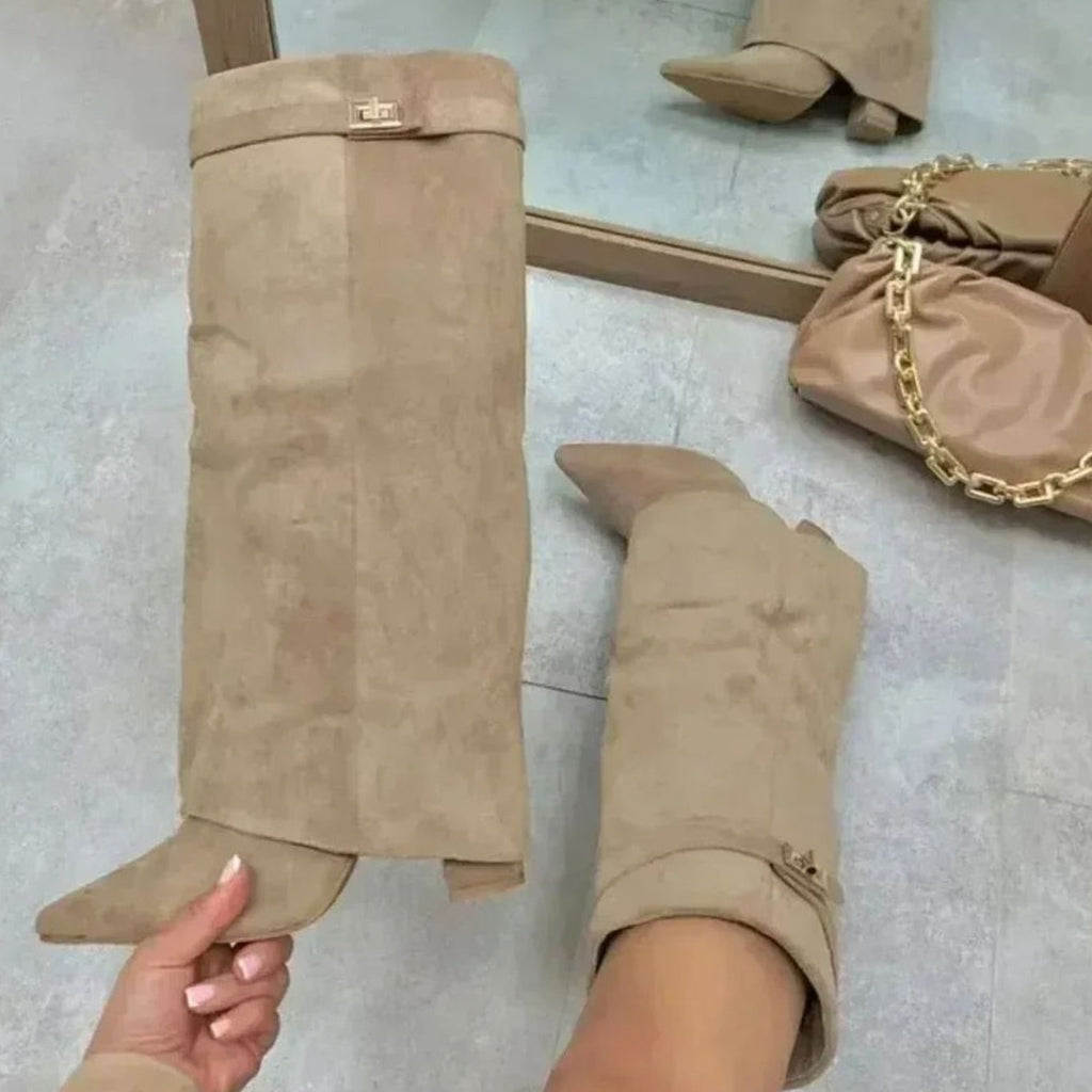 Women's Suede Over-the-Knee Foldover Buckle Boots - Apricot Suede