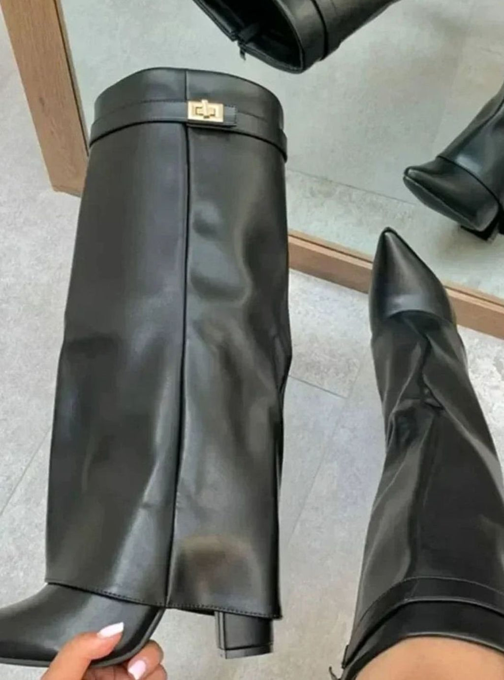 Women's Suede Over-the-Knee Foldover Buckle Boots - Black