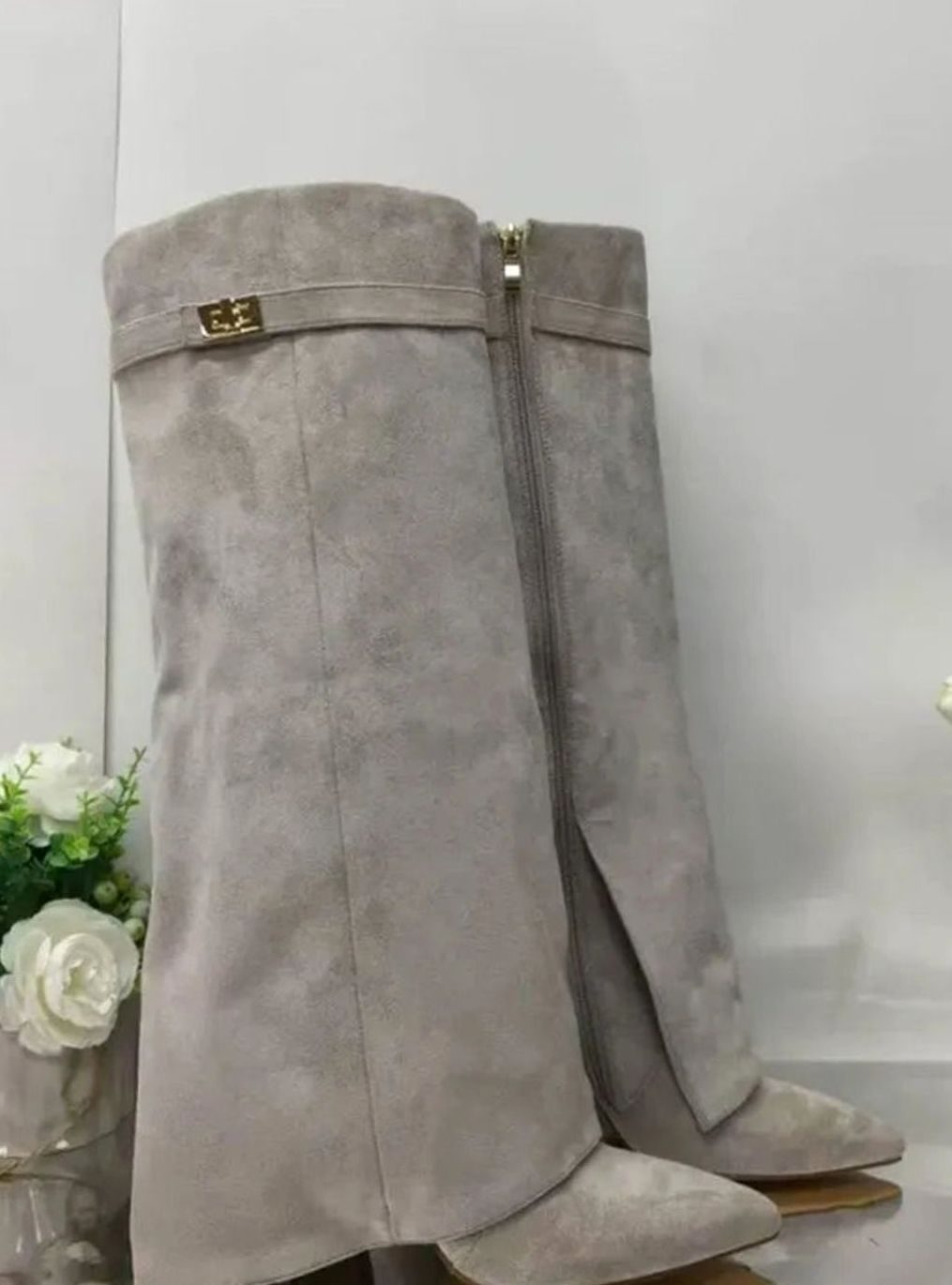 Women's Suede Over-the-Knee Foldover Buckle Boots - Gray