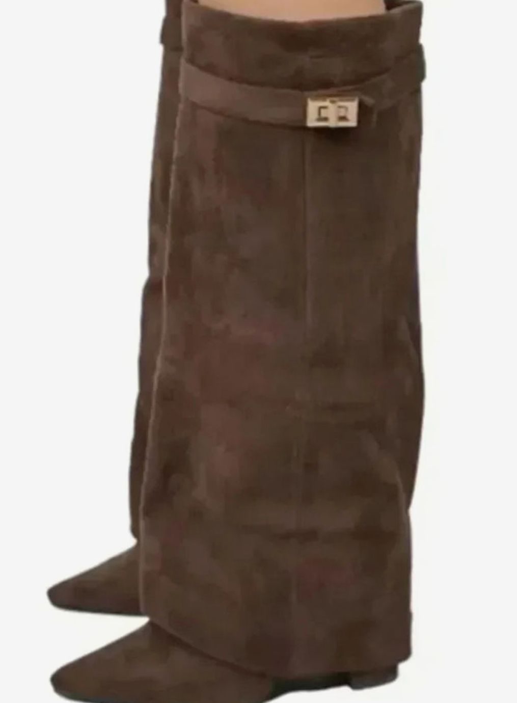 Women's Suede Over-the-Knee Foldover Buckle Boots - Brown Suede