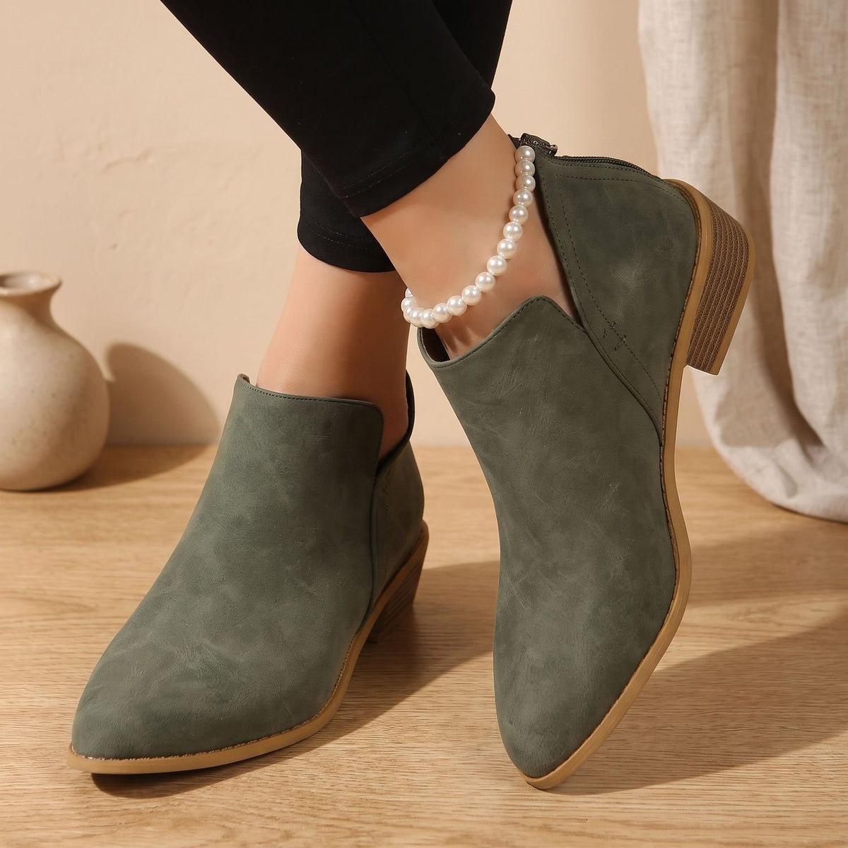 Women's Suede Pointed-Toe Low Block Heel Ankle Booties