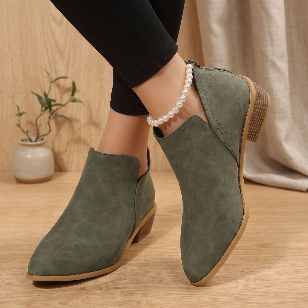 Women's Suede Pointed-Toe Low Block Heel Ankle Booties - Green
