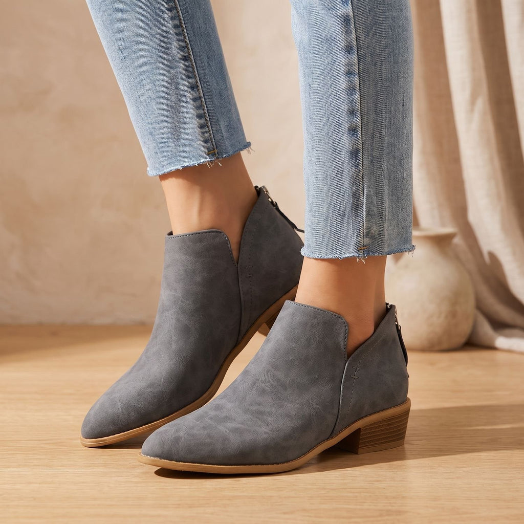 Women's Suede Pointed-Toe Low Block Heel Ankle Booties - Grey