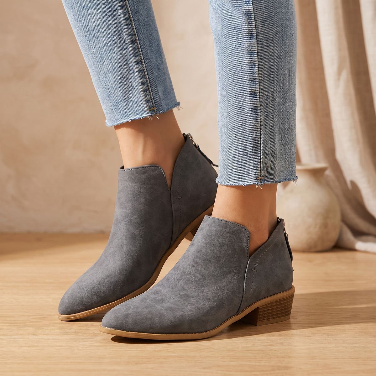 Women's Suede Pointed-Toe Low Block Heel Ankle Booties - Grey