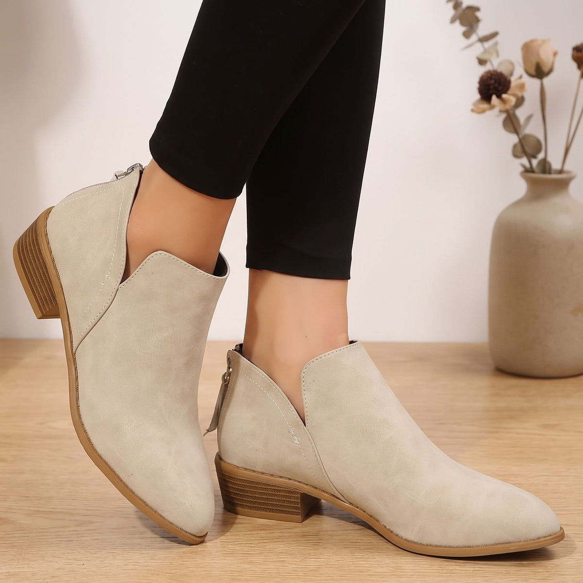 Women's Suede Pointed-Toe Low Block Heel Ankle Booties - Beige