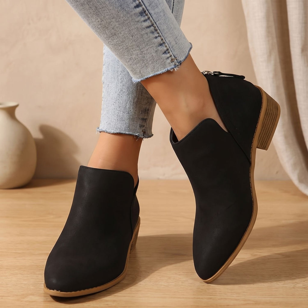 Women's Suede Pointed-Toe Low Block Heel Ankle Booties - Black