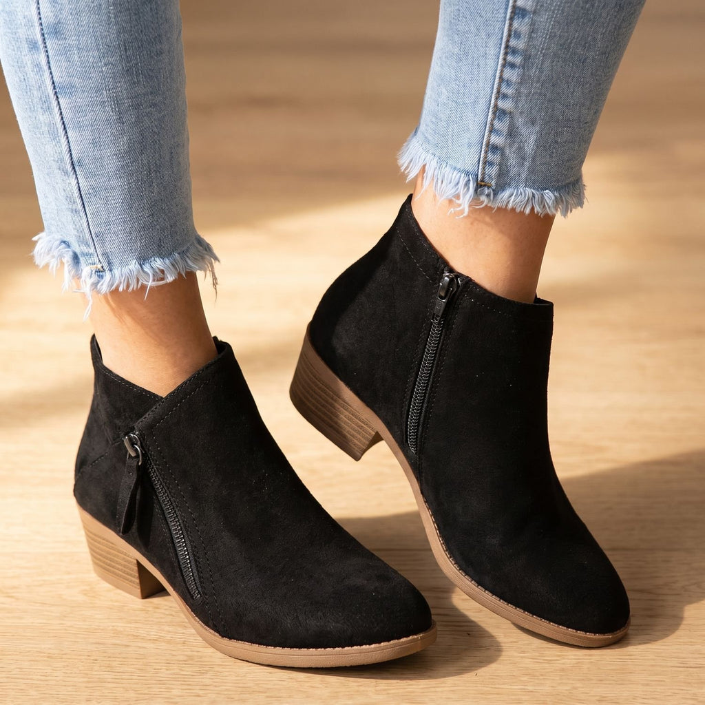 Women's Suede Side-Zip Block-Heel Ankle Boots - Black