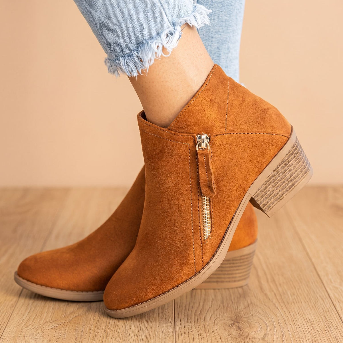Women's Suede Side-Zip Block-Heel Ankle Boots - Orange