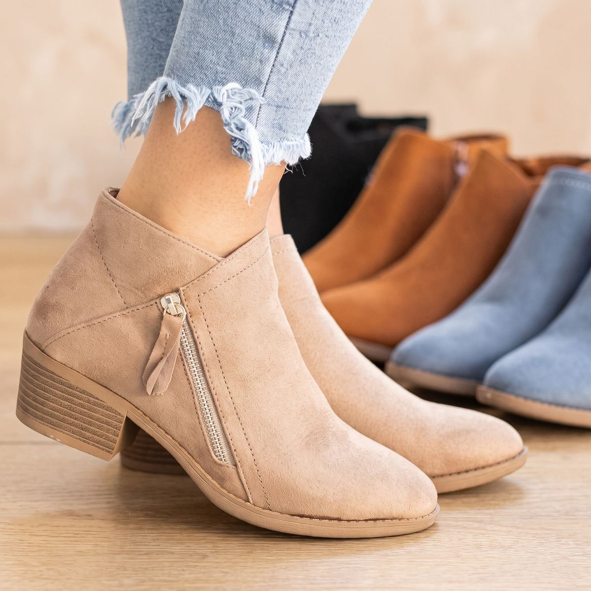 Women's Suede Side-Zip Block-Heel Ankle Boots - Beige