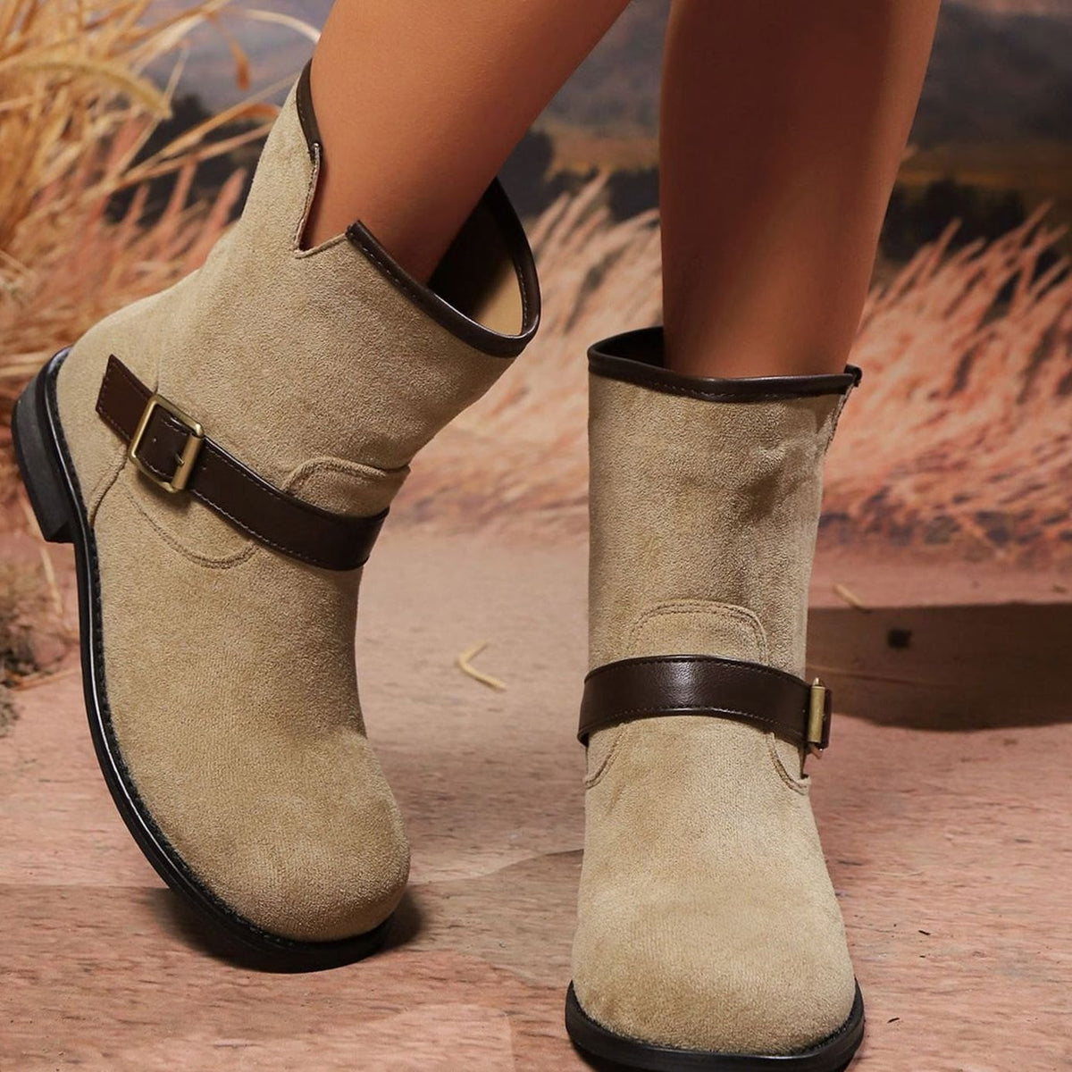 Women's Suede Slip-On Ankle Boots Buckle Strap Block Heel