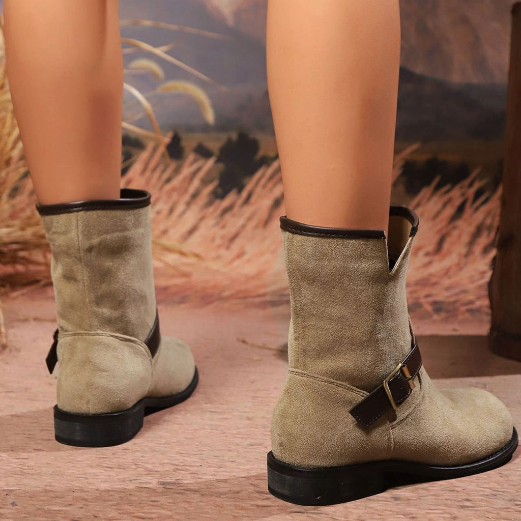 Women's Suede Slip-On Ankle Boots Buckle Strap Block Heel