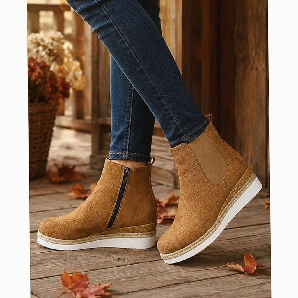 Women's Suede Wedge Chelsea Ankle Boots Side Zipper