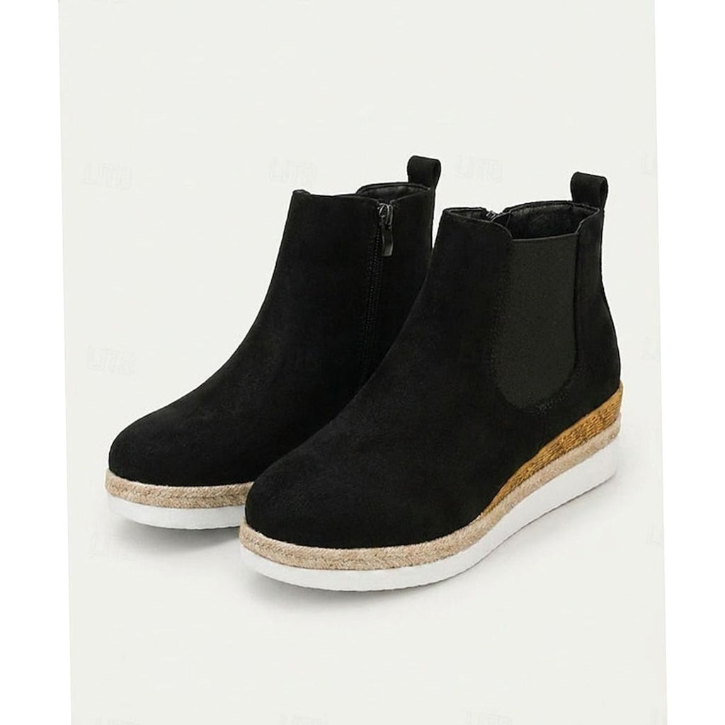 Women's Suede Wedge Chelsea Ankle Boots Side Zipper - Black
