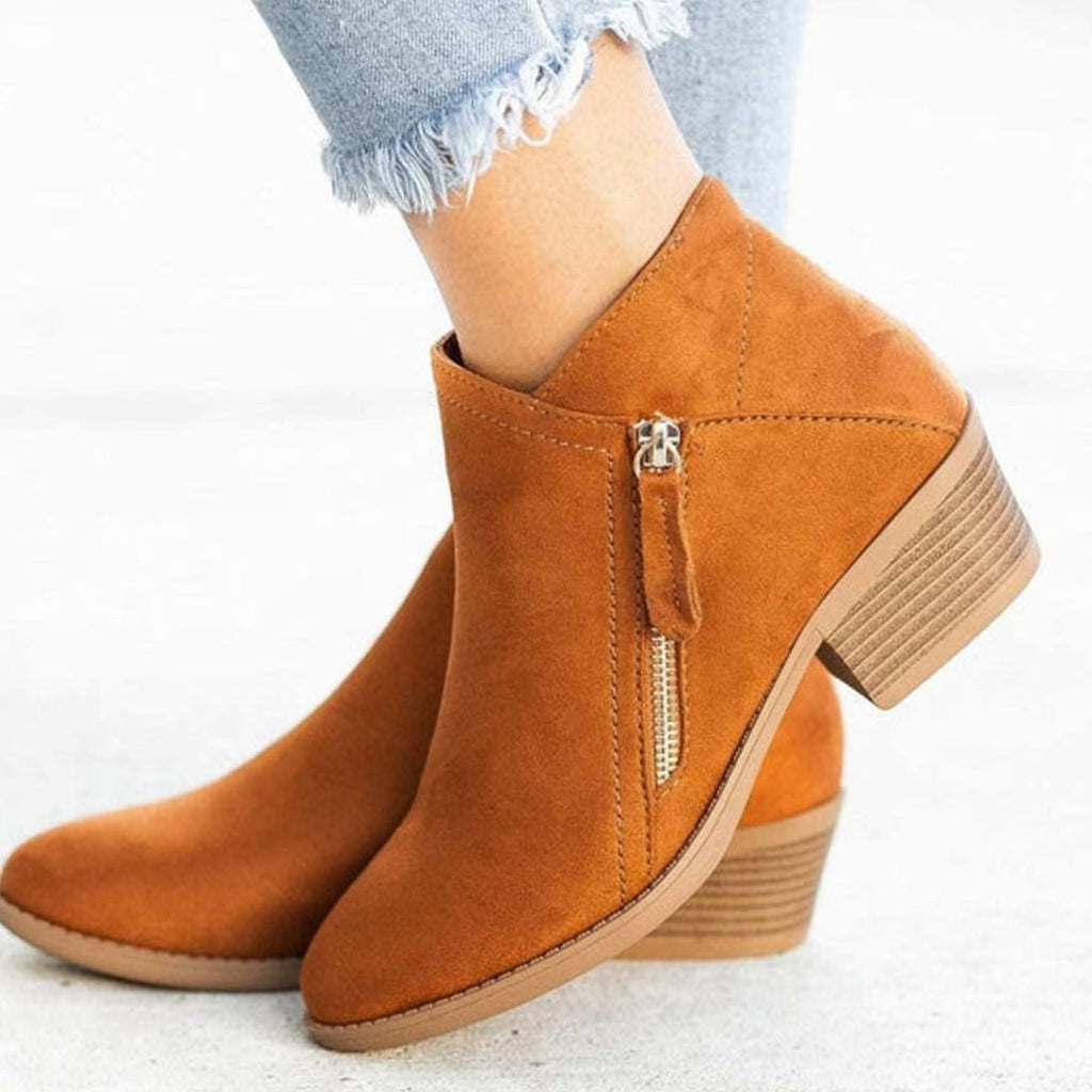 Women's Suede Zip-Up Block Heel Ankle Boots - Khaki