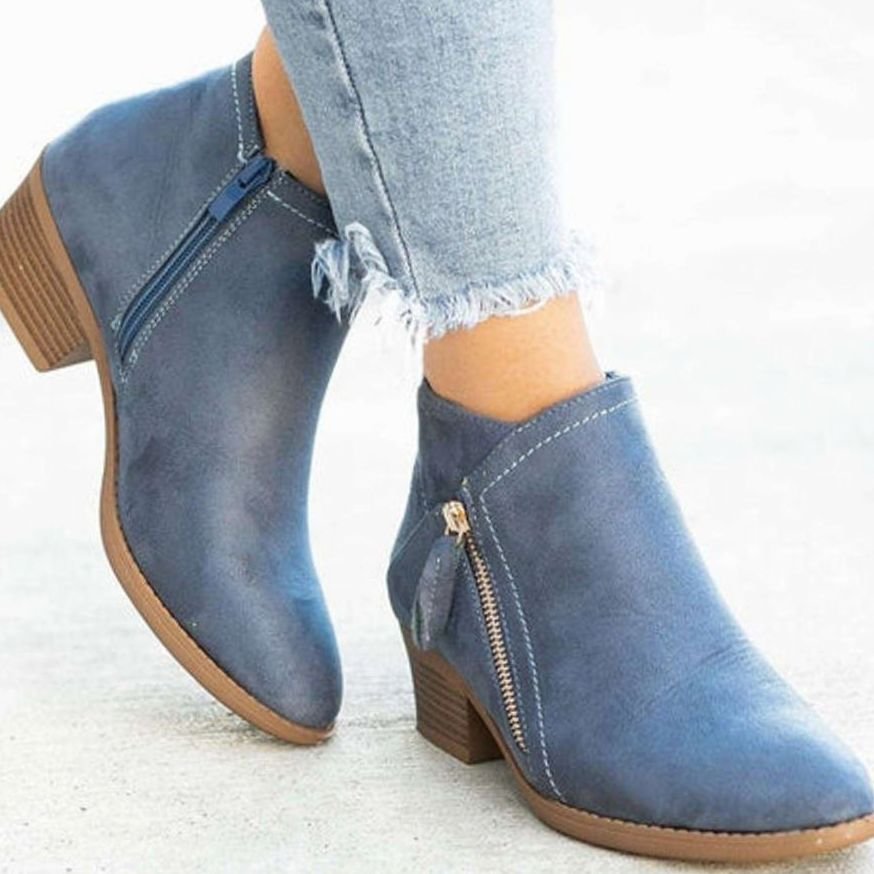 Women's Suede Zip-Up Block Heel Ankle Boots - Blue