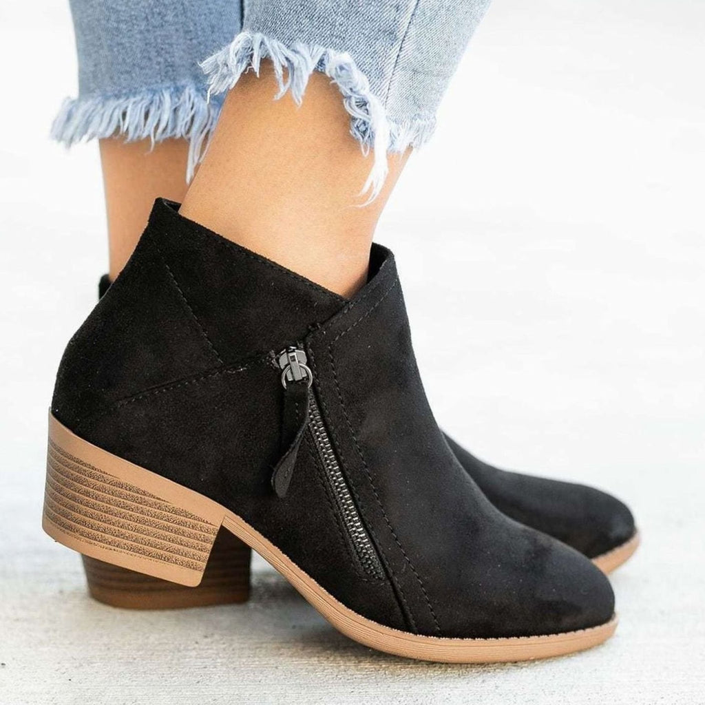 Women's Suede Zip-Up Block Heel Ankle Boots - Black