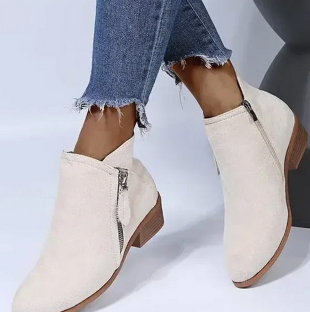 Women's Suede Zip-Up Block Heel Ankle Boots - Beige