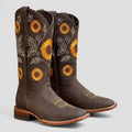 Women's Sunflower-Embroidered Western Cowboy Boots Low Heel - Dark Brown