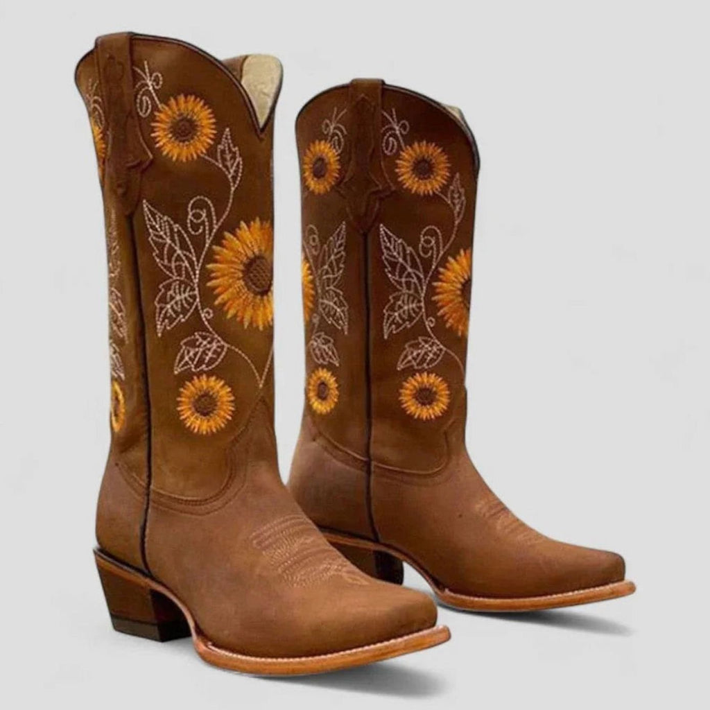 Women's Sunflower-Embroidered Western Cowboy Boots Low Heel - Brown