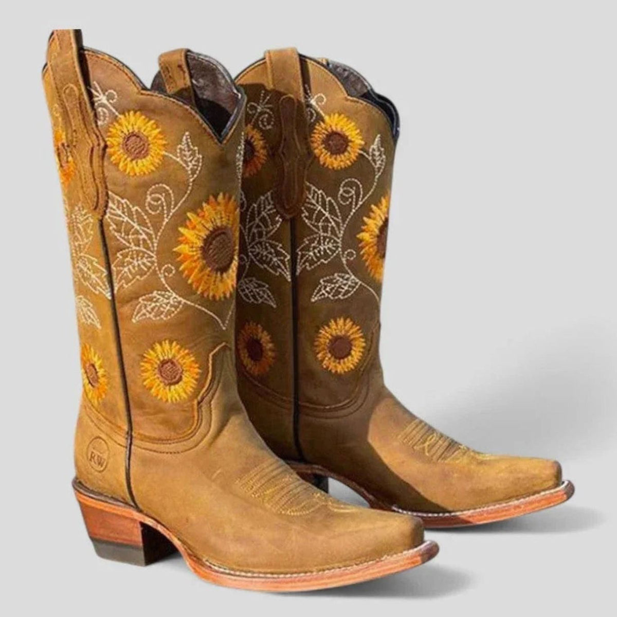 Women's Sunflower-Embroidered Western Cowboy Boots Low Heel - Khaki