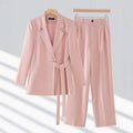 Women's Tailored Belted Blazer Wide-Leg Pants Suit Set - Pink
