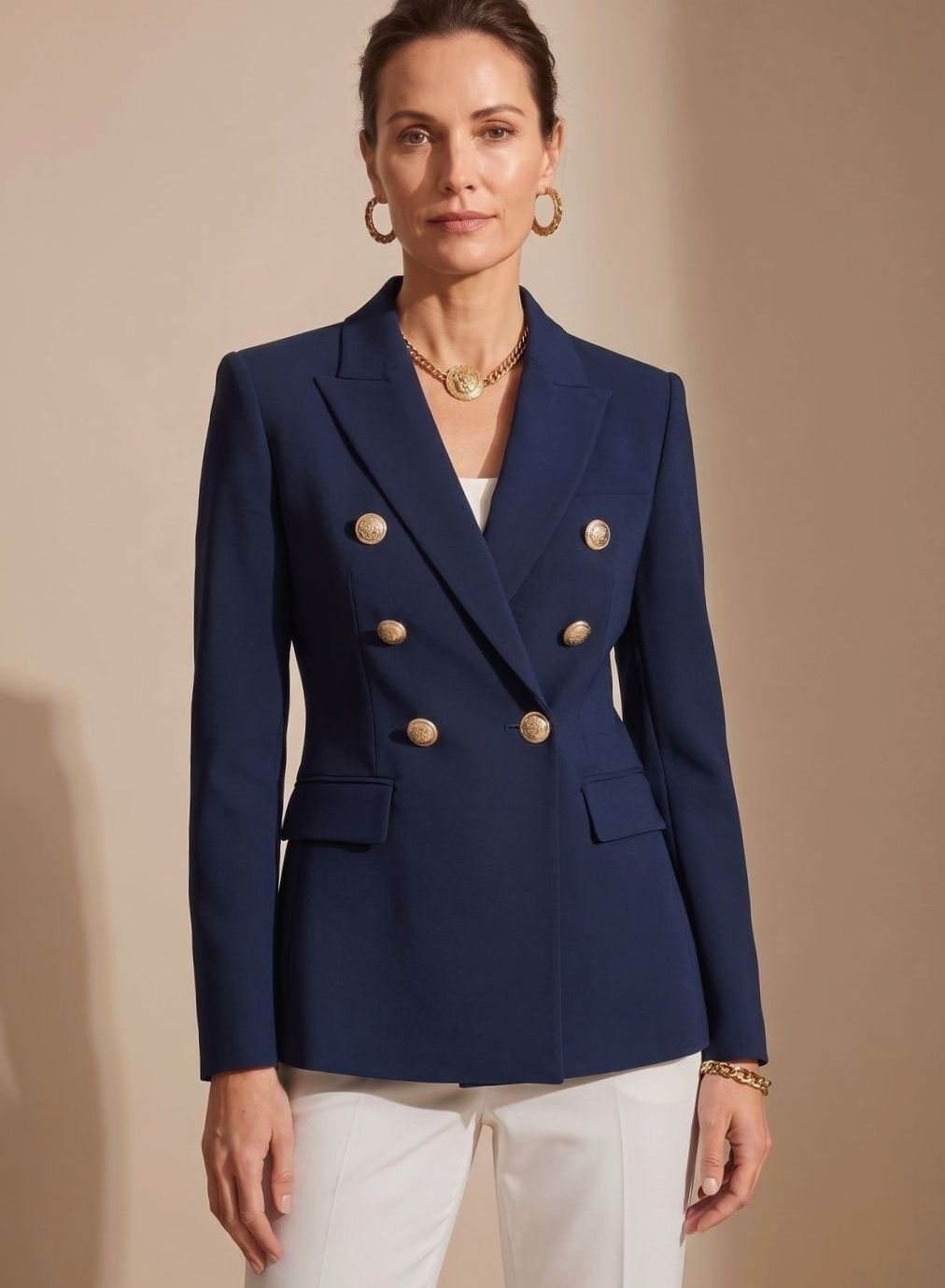 Women's Tailored Double-Breasted Gold-Button Blazer - Black