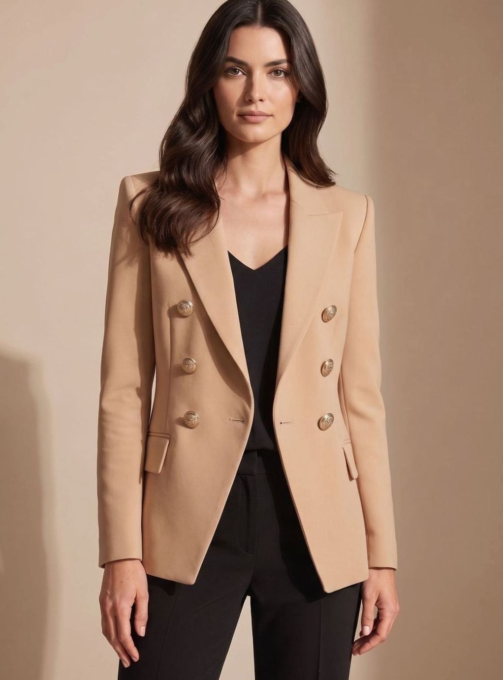 Women's Tailored Double-Breasted Gold-Button Blazer - Khaki