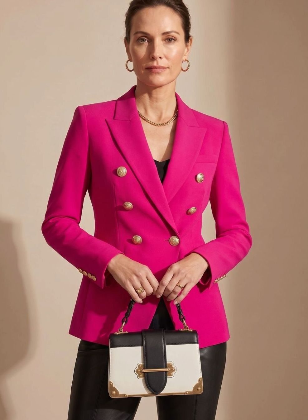 Women's Tailored Double-Breasted Gold-Button Blazer - Pink