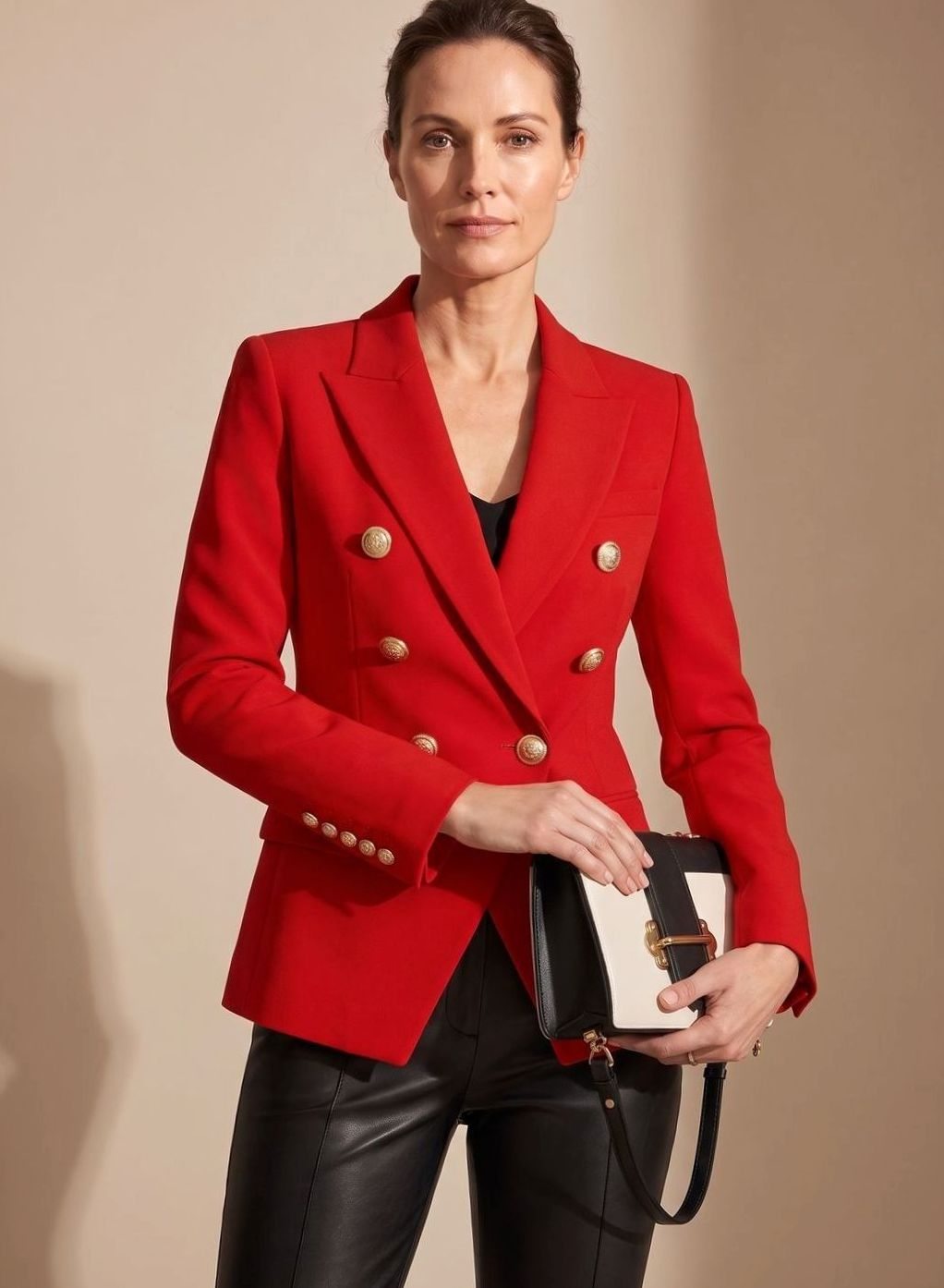 Women's Tailored Double-Breasted Gold-Button Blazer - Red