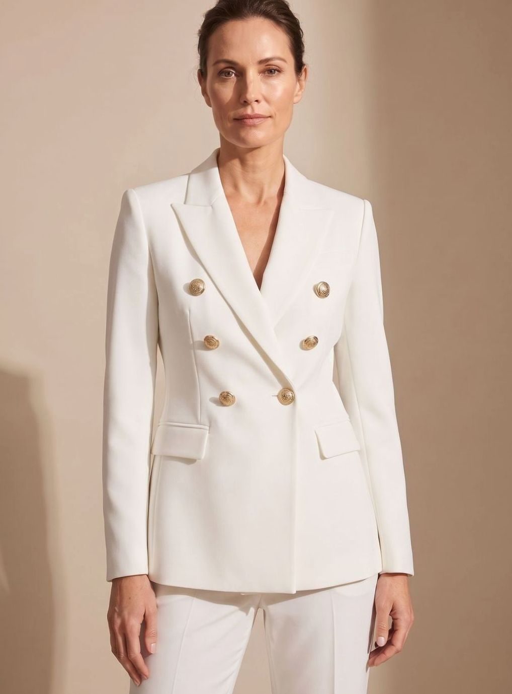 Women's Tailored Double-Breasted Gold-Button Blazer - White