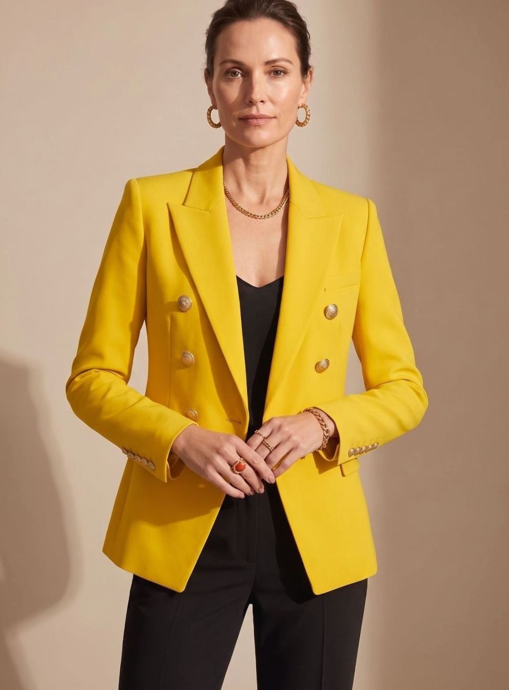 Women's Tailored Double-Breasted Gold-Button Blazer - Yellow