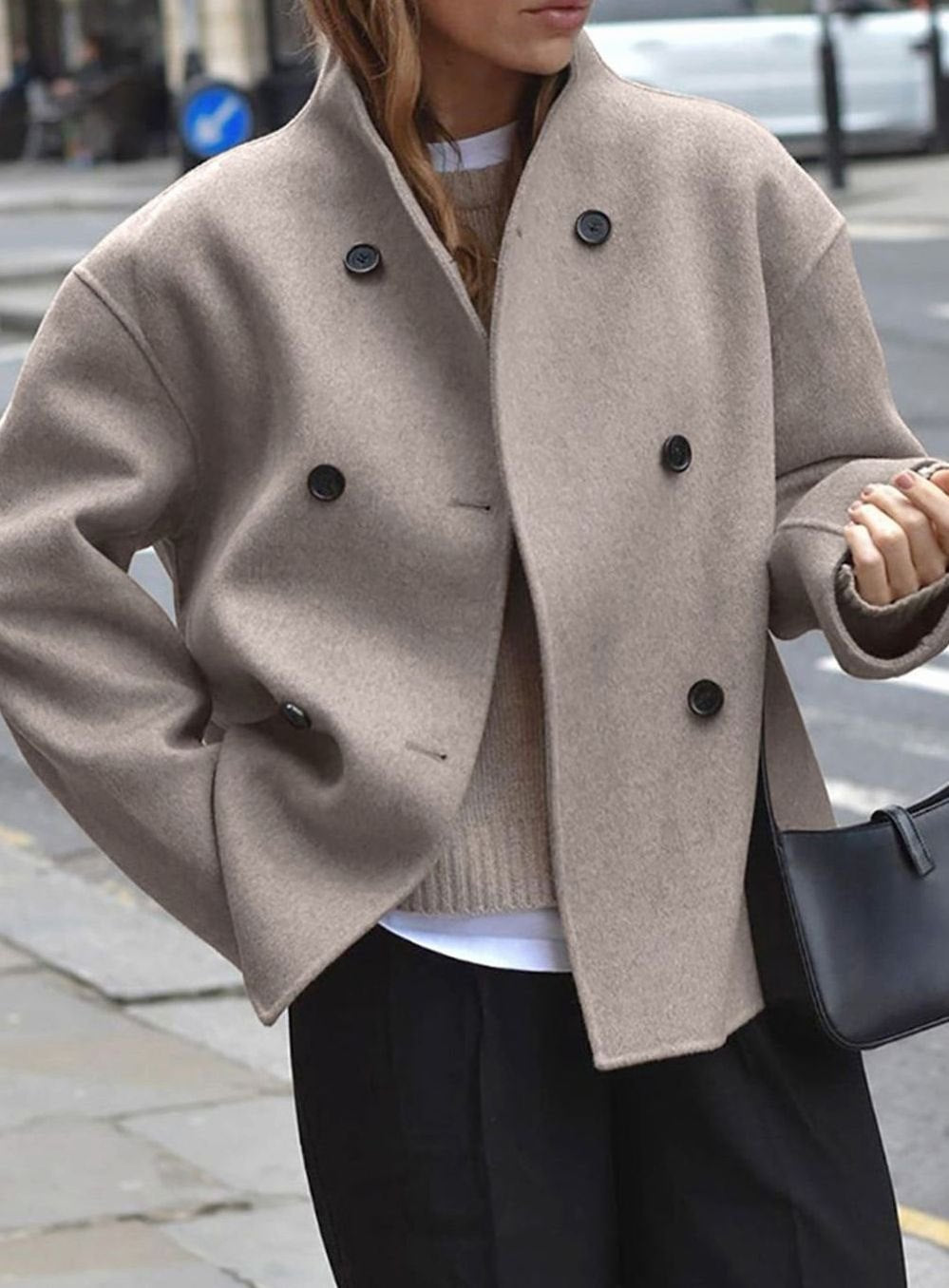 Women's Tailored Double-Breasted Oversized Wool-Blend Coat - Khaki
