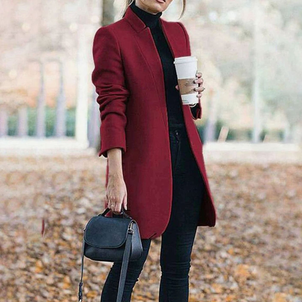 Women's Tailored Lapel Long Winter Coat Classic Structured Outerwear - Wine Red