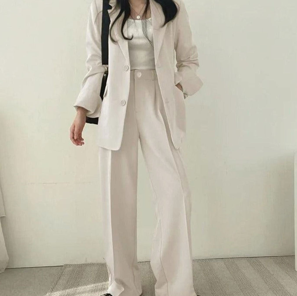 Women's Tailored Long Blazer High-Waist Trouser Suit Set
