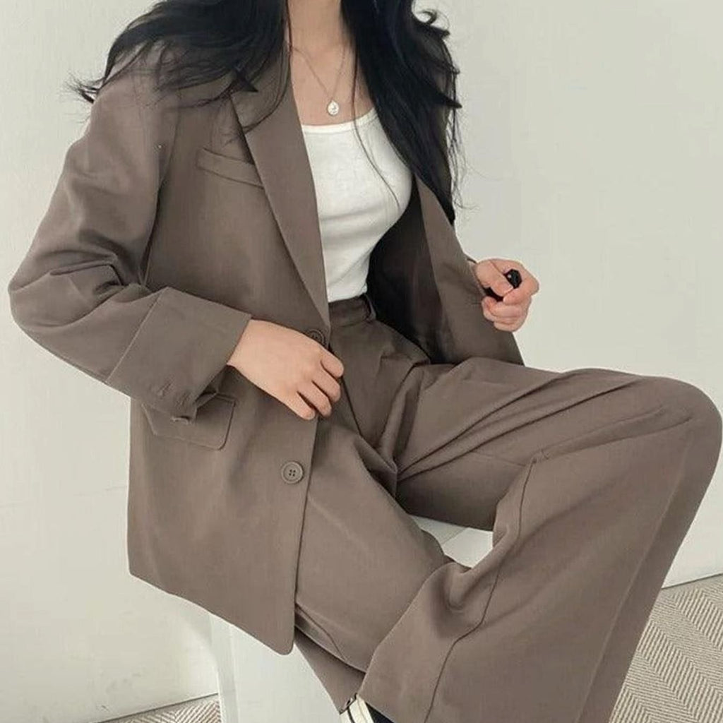 Women's Tailored Long Blazer High-Waist Trouser Suit Set