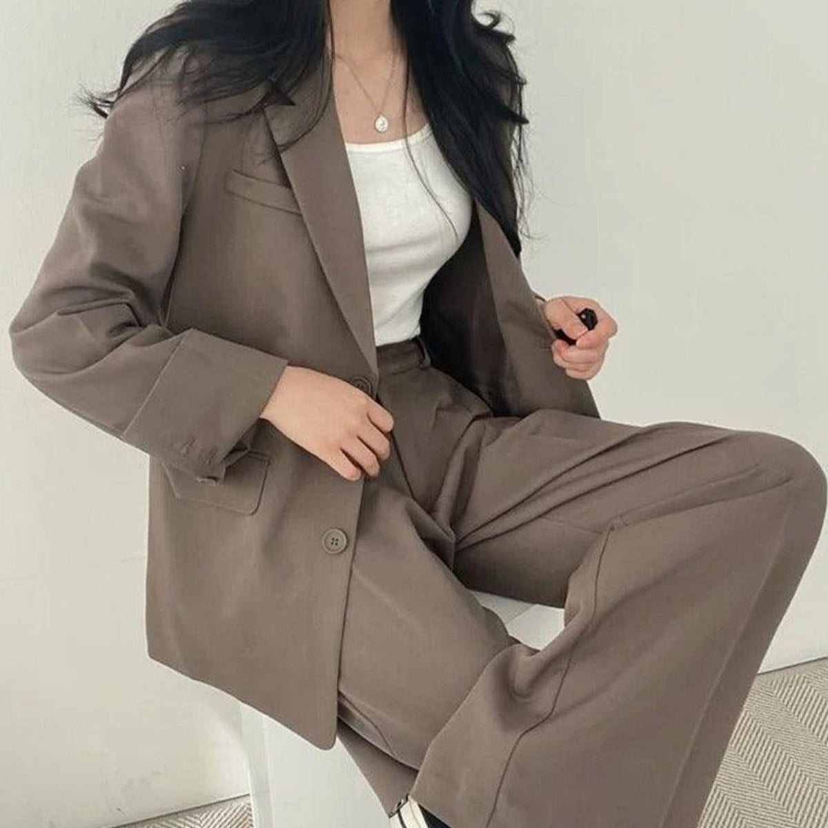 Women's Tailored Long Blazer High-Waist Trouser Suit Set