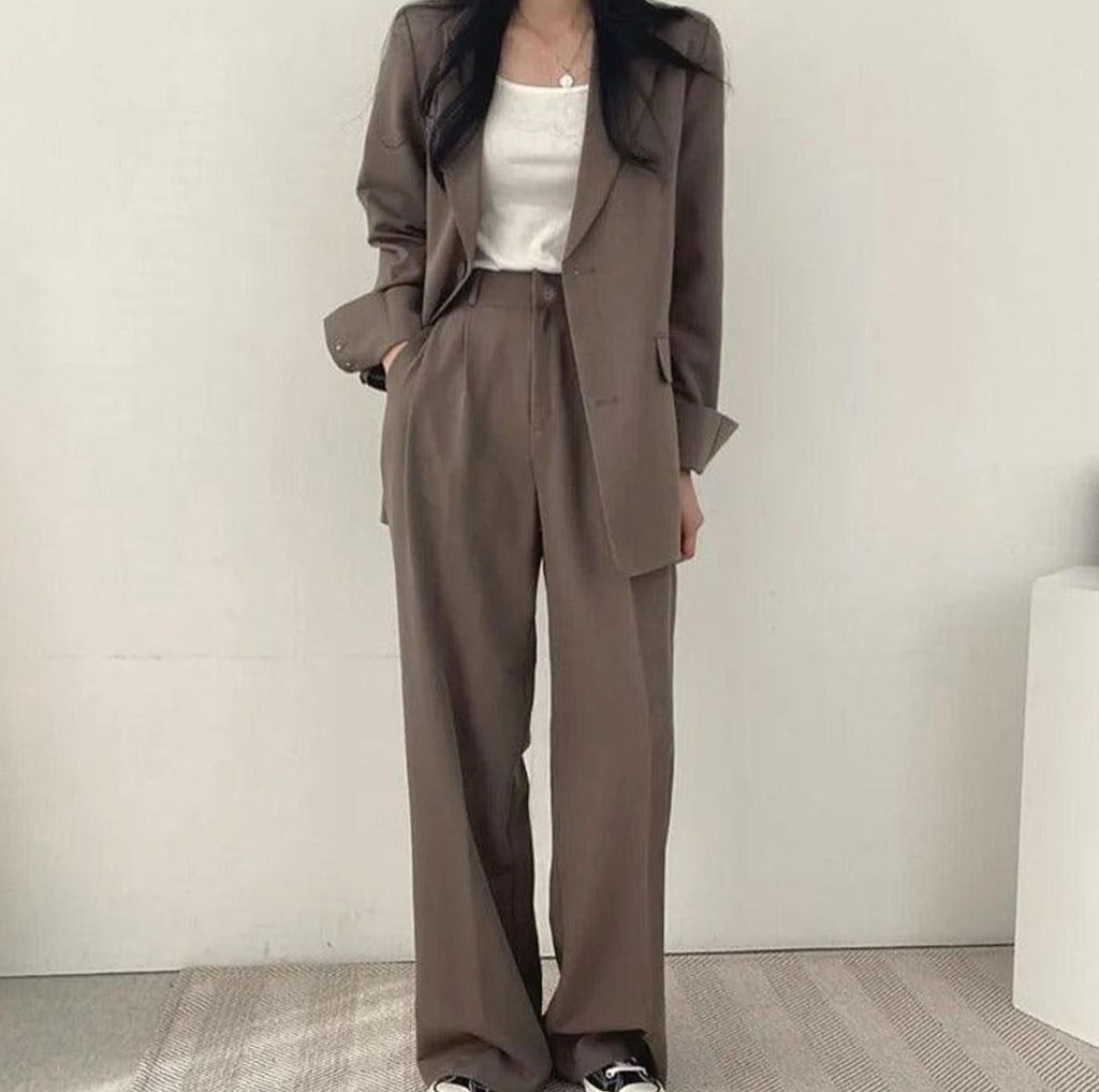 Women's Tailored Long Blazer High-Waist Trouser Suit Set