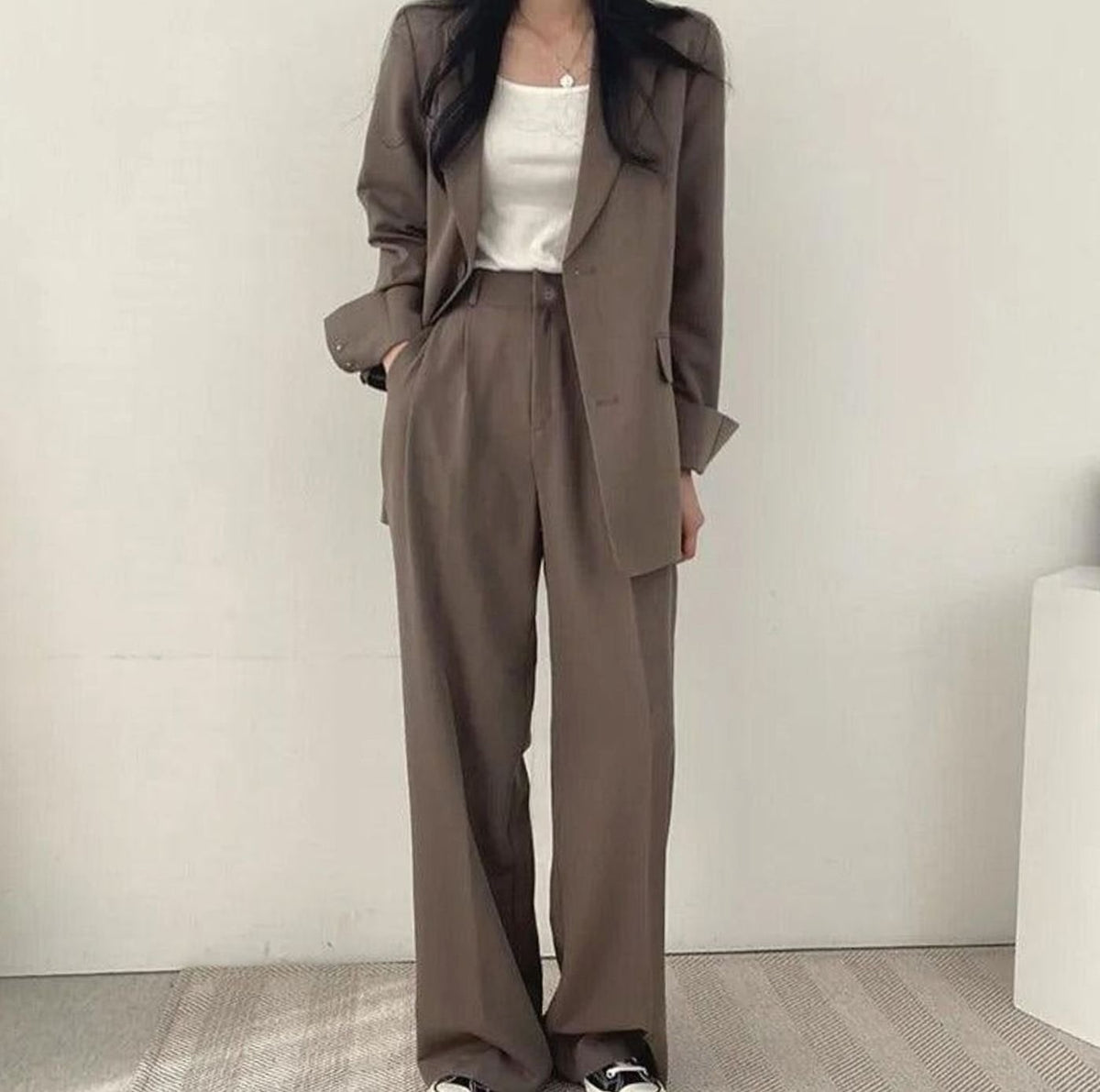 Women's Tailored Long Blazer High-Waist Trouser Suit Set