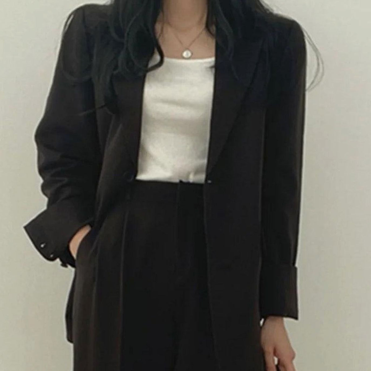 Women's Tailored Long Blazer High-Waist Trouser Suit Set - Black