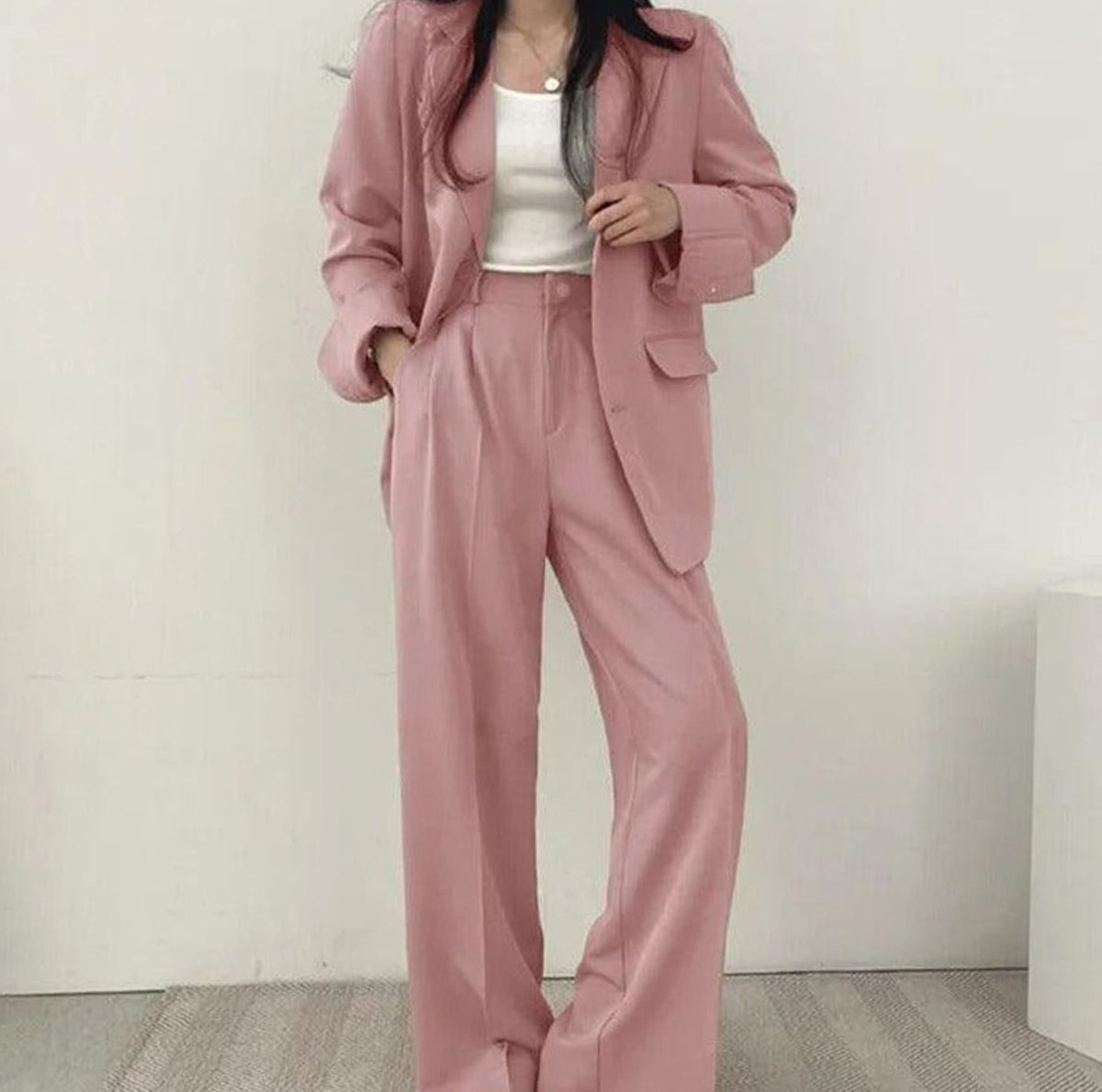 Women's Tailored Long Blazer High-Waist Trouser Suit Set