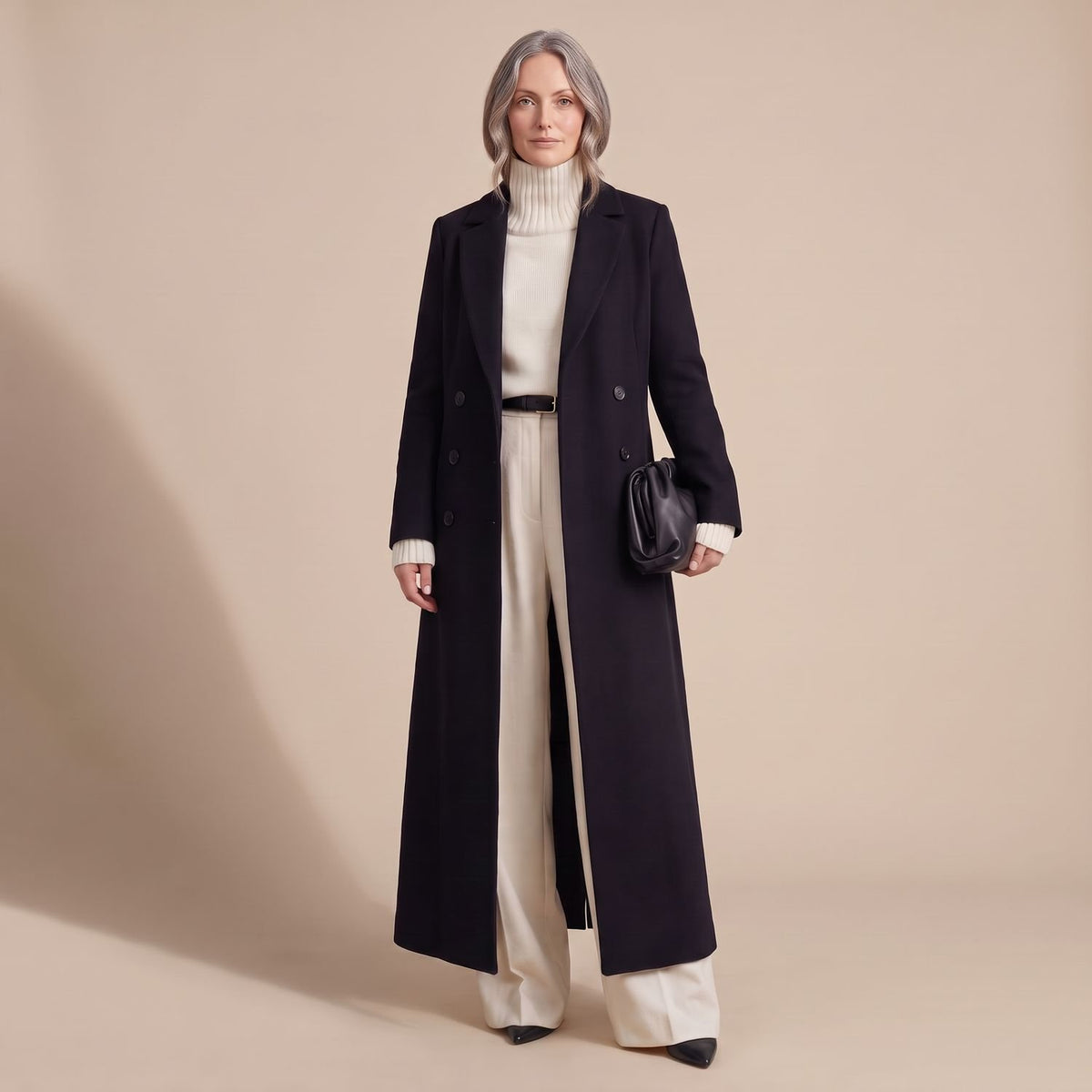 Women's Tailored Long Wool Overcoat Double-Breasted Maxi - Black